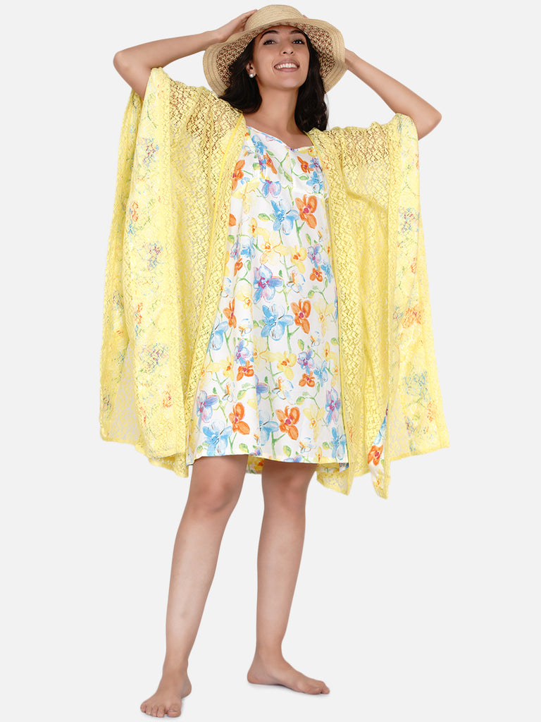 Yellow lace gown with white floral print gathered slip