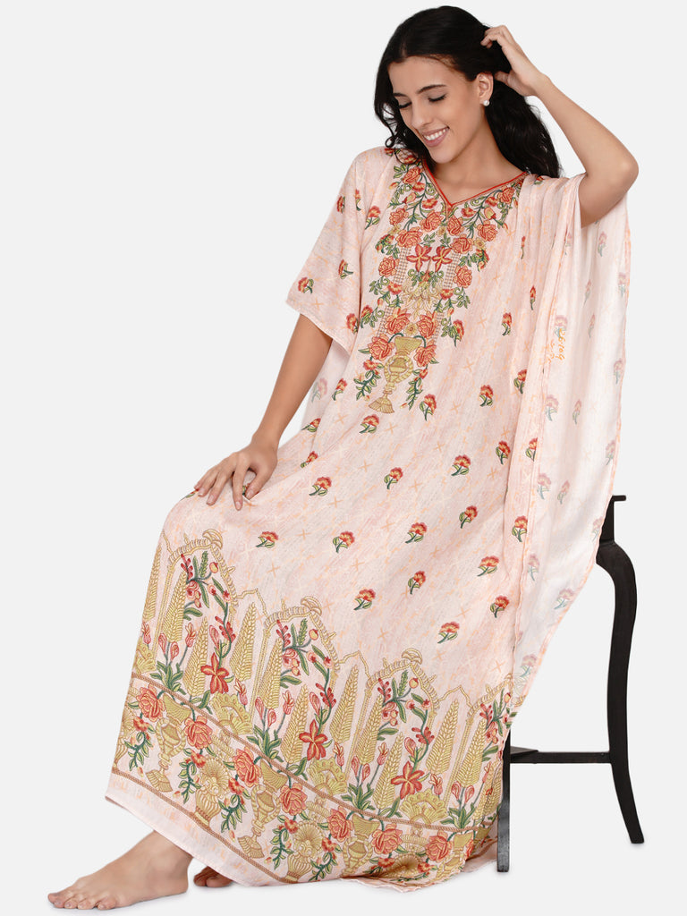 Peach Kaftan with Floral print and decorated border  