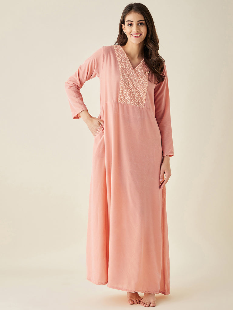 Peach Velvet Nightdress with Lace