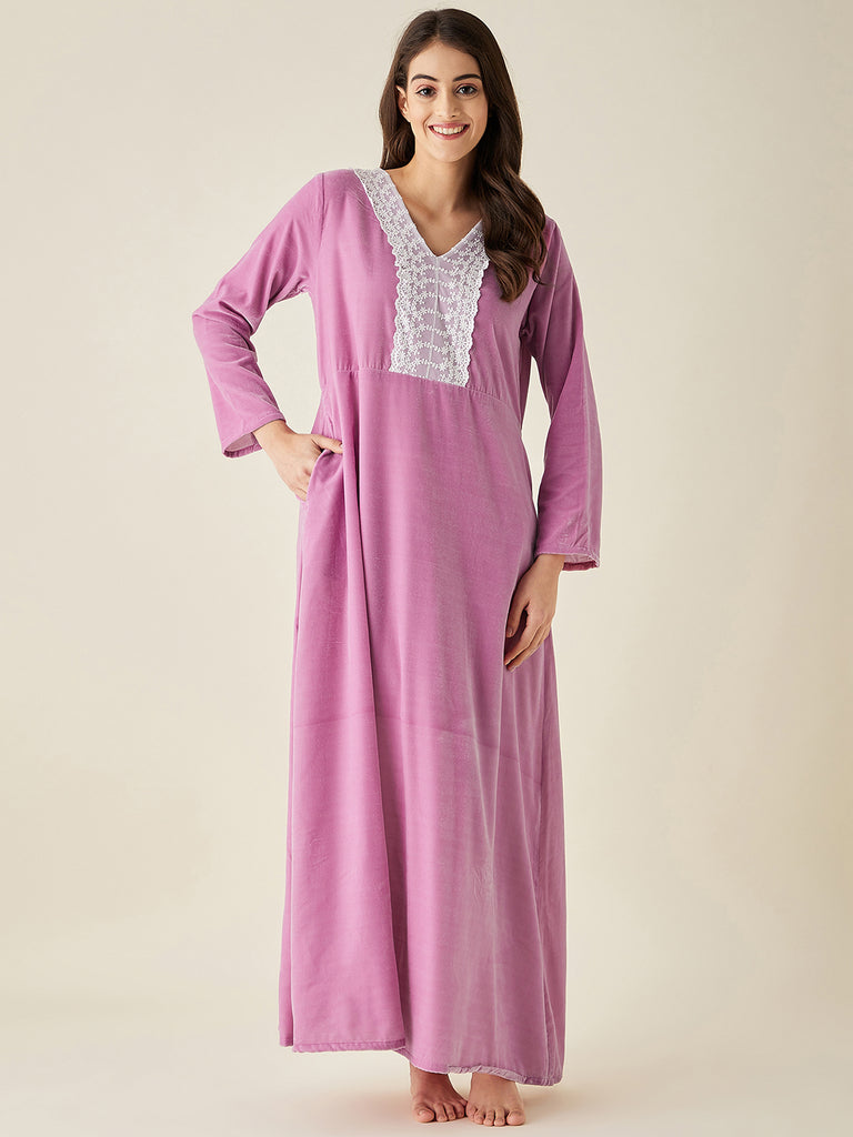 Lilac Velvet Nightdress with Lace