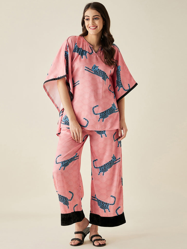 Blue Leopard Satin Kaftan Pyjama Set