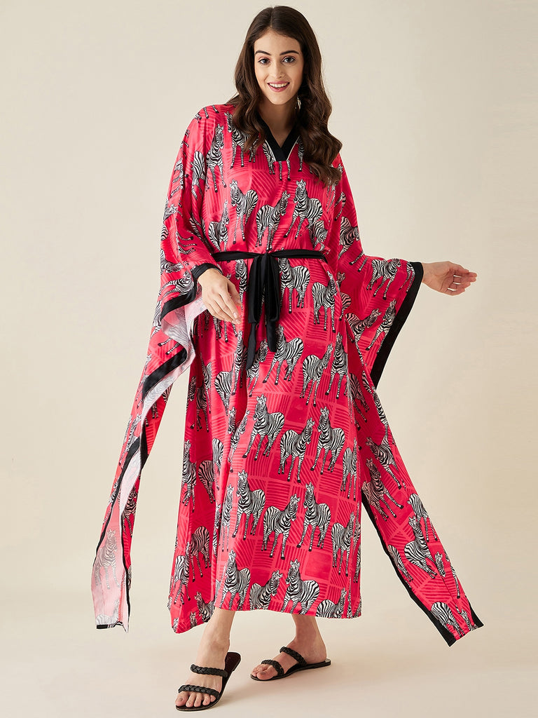 Fuschia Zebra Satin Kimono Loungewear