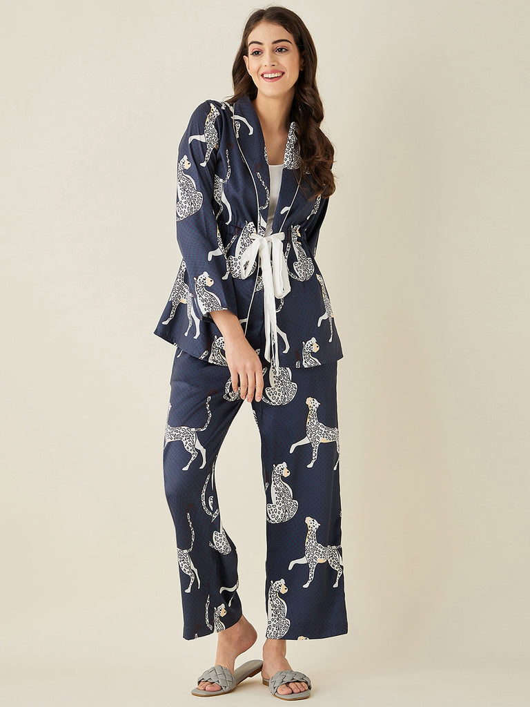 White Leopard Satin Pyjama Set
