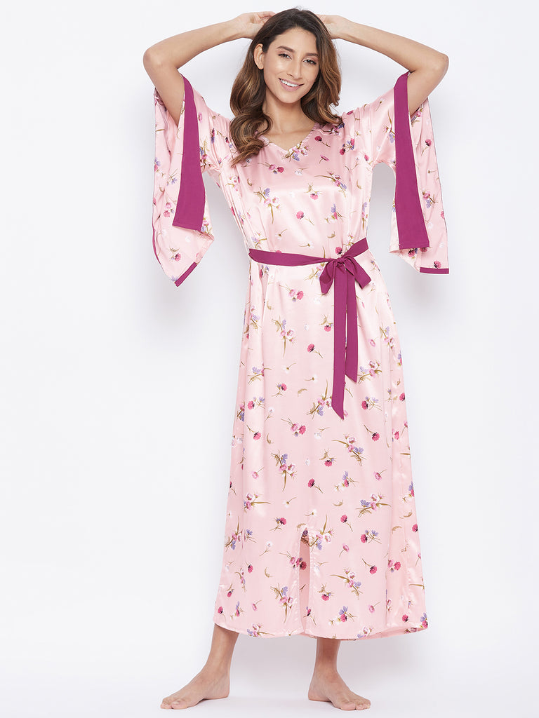 Pink Floral bunch kimono sleeve kaftan with waist belt tie-up and slit detail