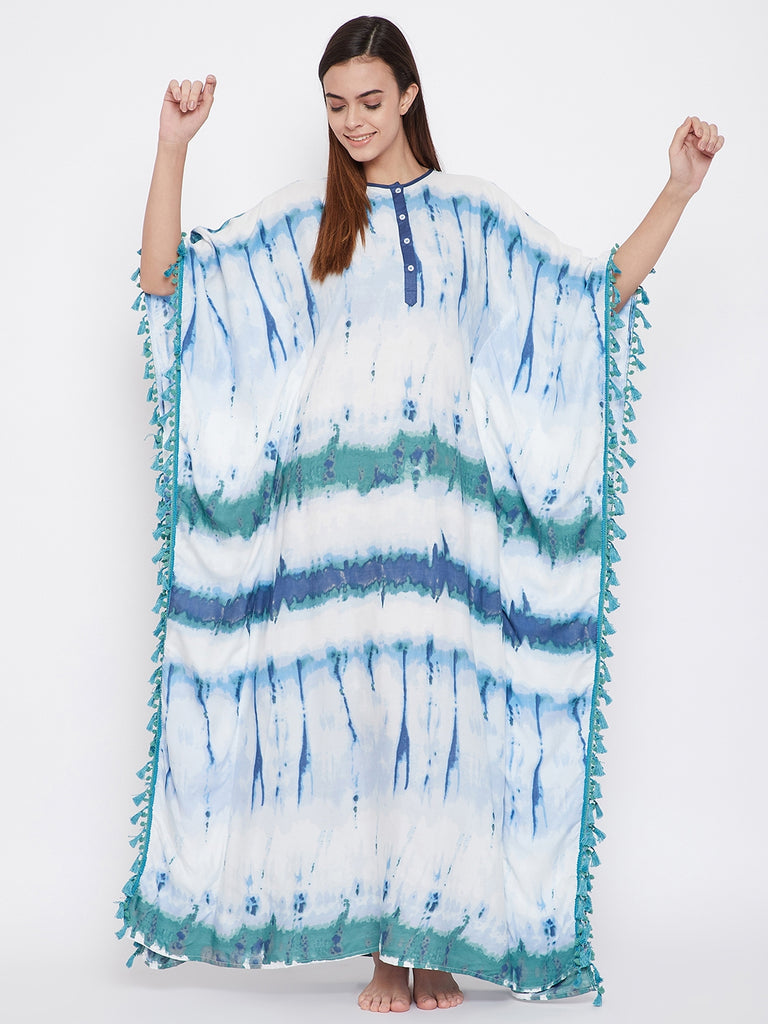 Navy Tie dye kaftan with Pompom Lace Edging and Button Placket