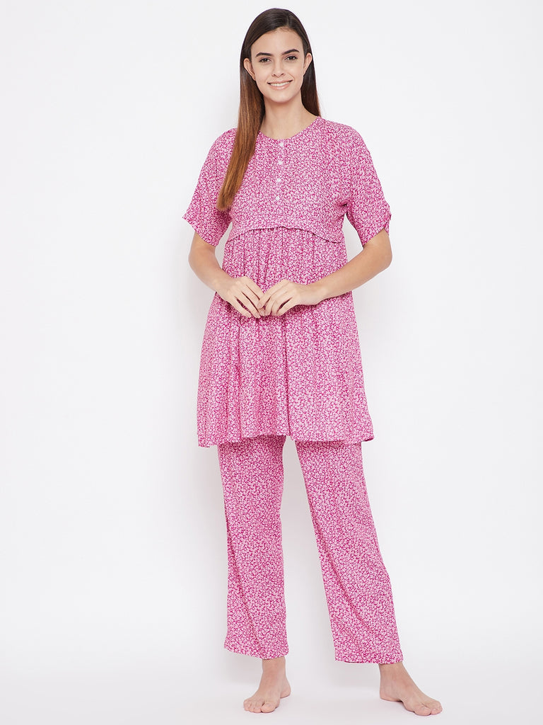 Pink Ditsy Print Top with Button Placket And Pyjama Loungeset