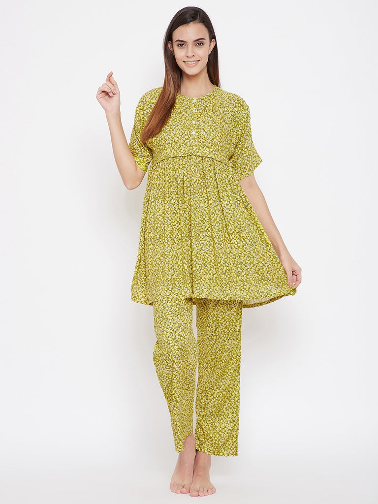 Yellow Ditsy Print Flared Top with Button Placket And Pyjama