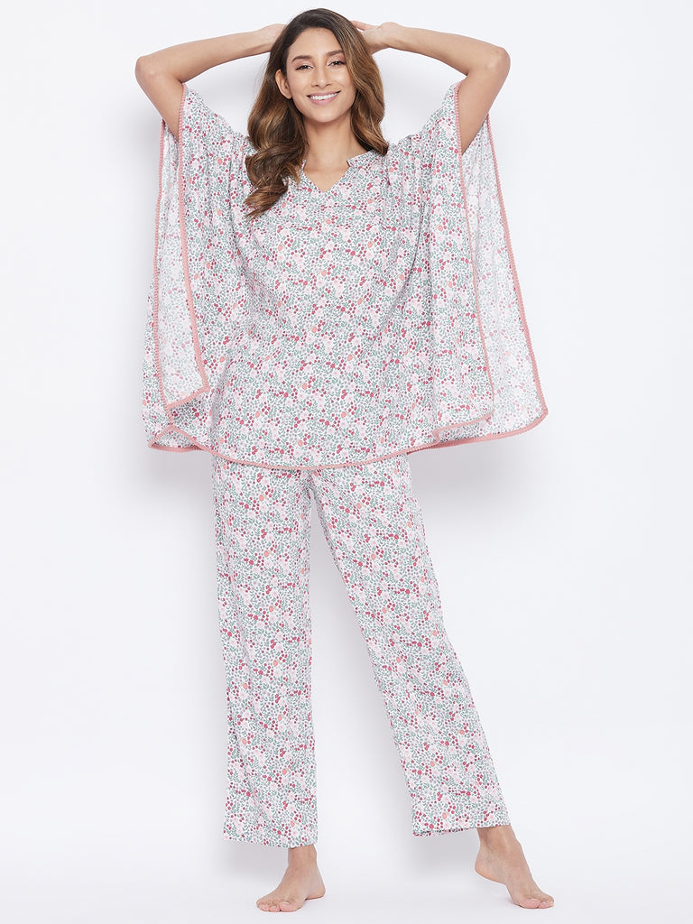 White snails and floral print kaftan top and pyjama set with complimenting lace detail