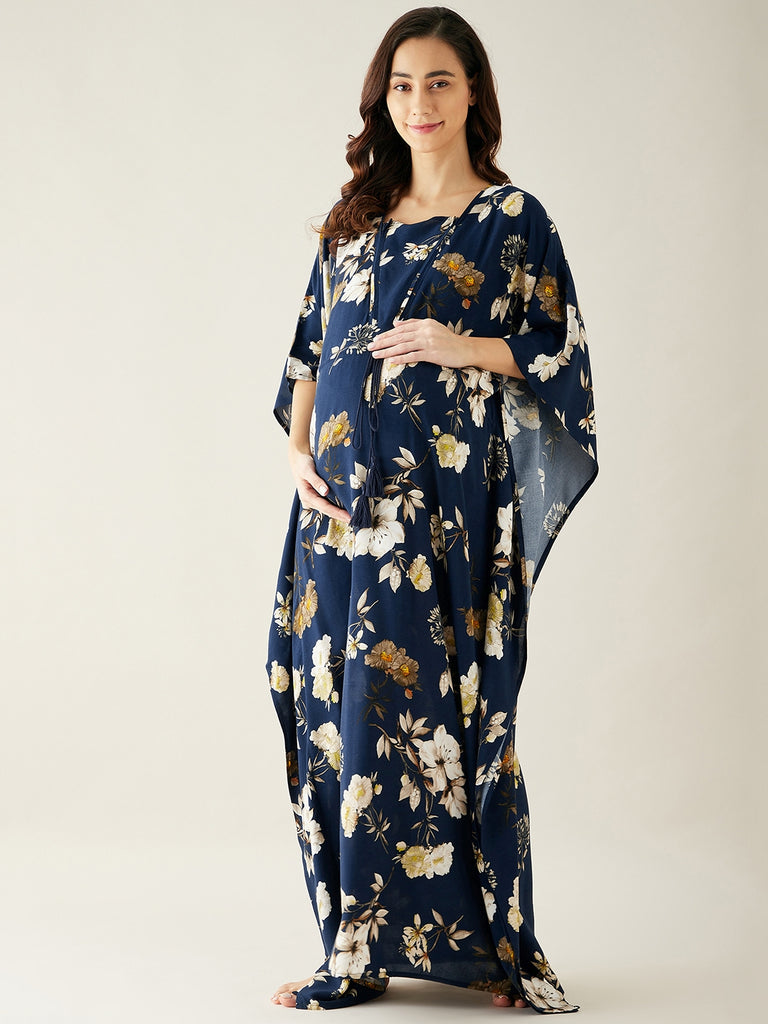 Navy Blue Floral Printed Maternity Kaftan Night Dress