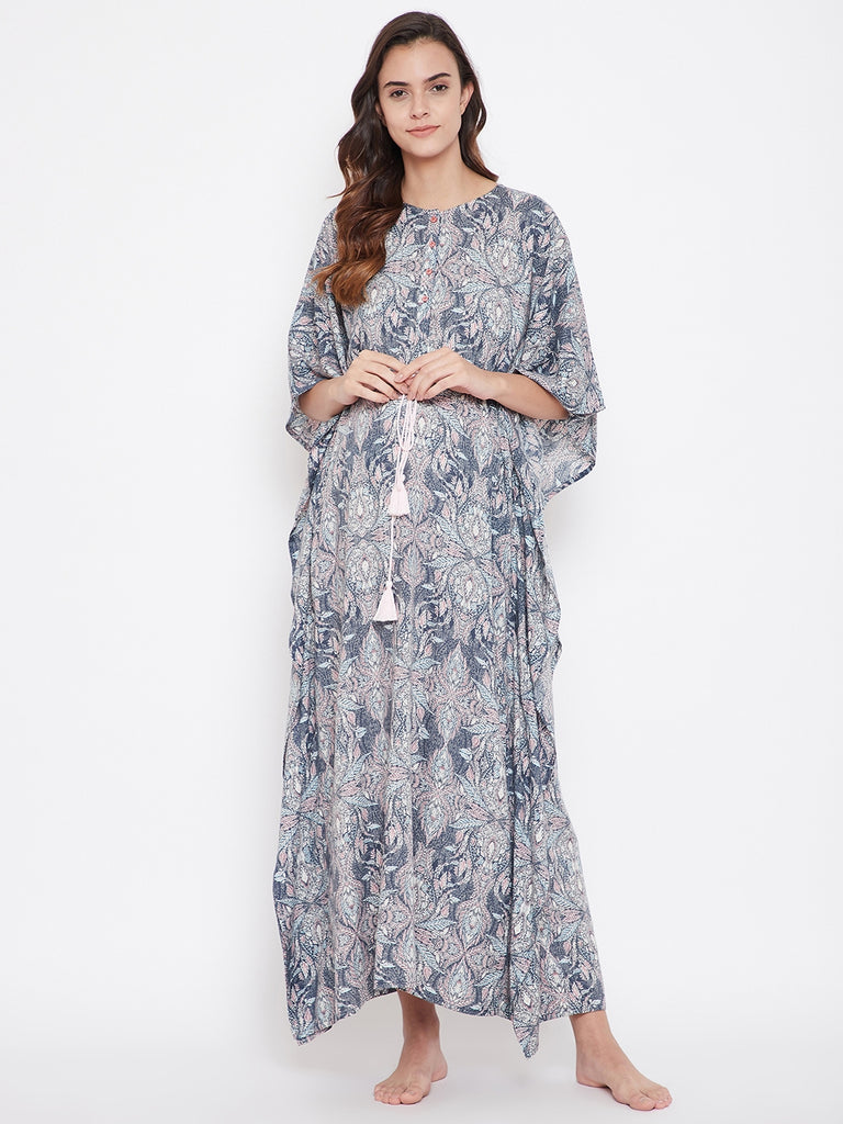 Grey Patterned Maternity Kaftan with Pink Waist Tie-up  and Three Quarter Extended Sleeves 