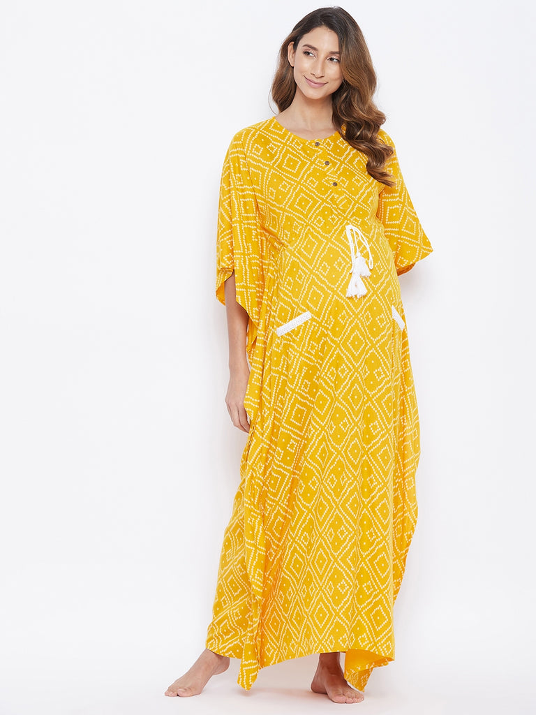 Yellow bandhani print maternity kaftan with waist tie-up and patch pockets