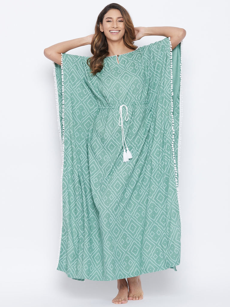 Pastel Green  banhdani print kaftan with waist tie-up and side lace edging