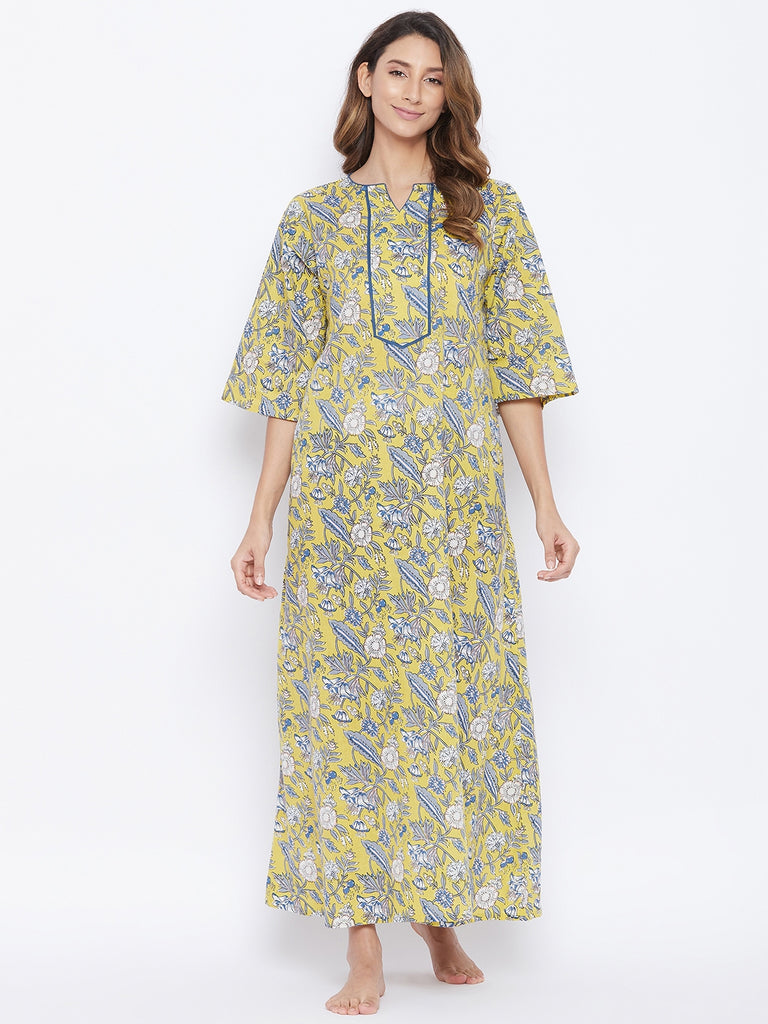 Yellow floral print cotton nightdress with complimenting yoke detail and side pockets
