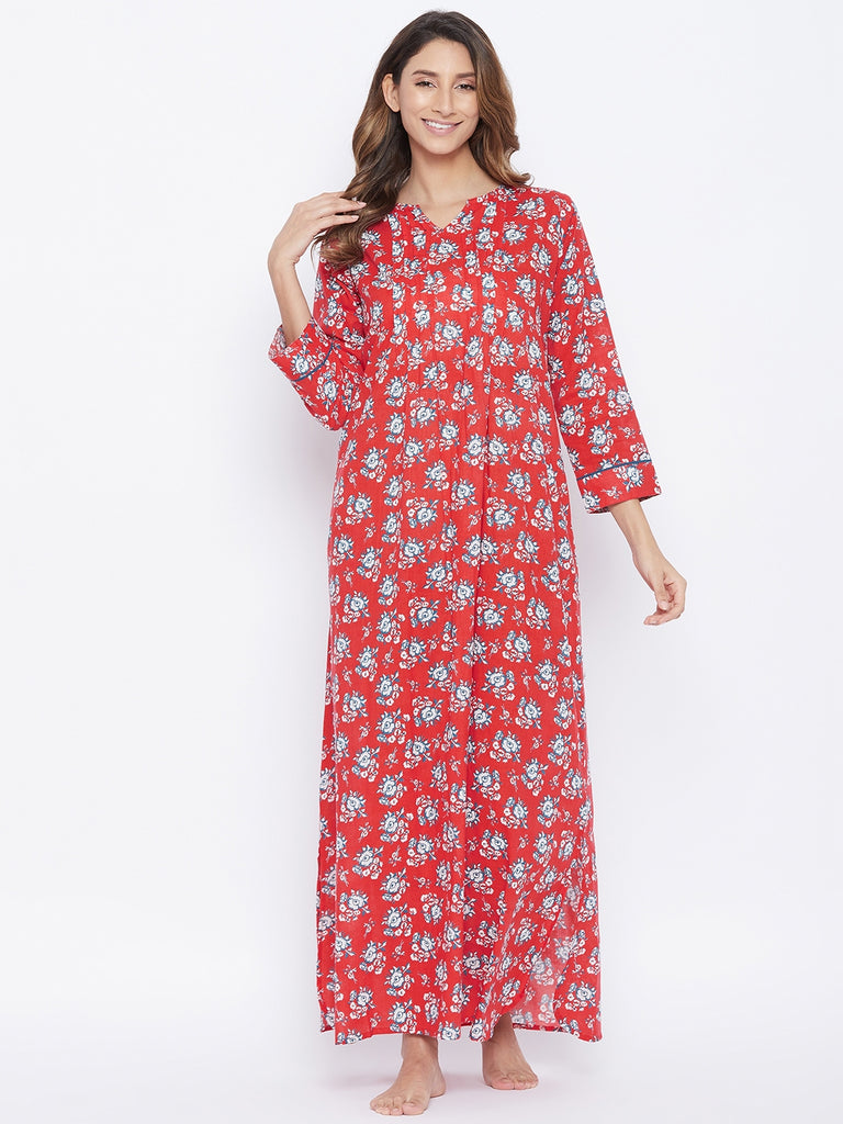 Red floral print cotton nightdress with pintuck and side slit detail