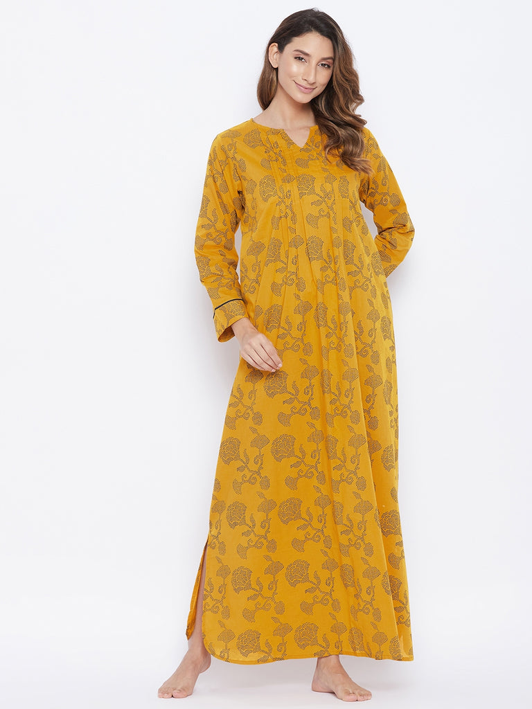 Mustard geometric floral print cotton nightdress with pintuck and side slit detail