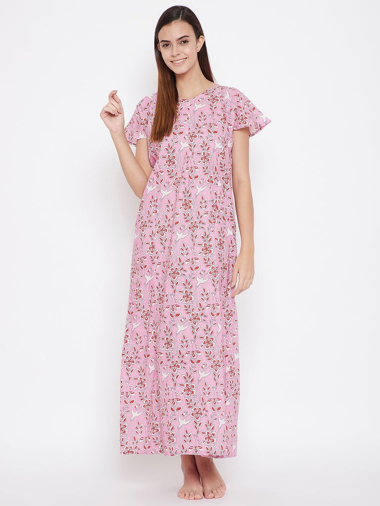 Pink Floral Printed Cotton Nighty With Zip  Closure and Side Pockets