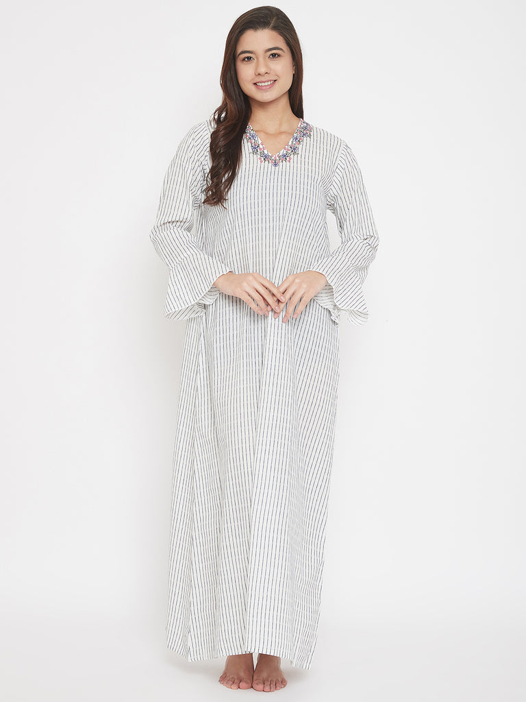 White Verical Stripes Handloom Cotton Nighty with Embroidered V-Neckline