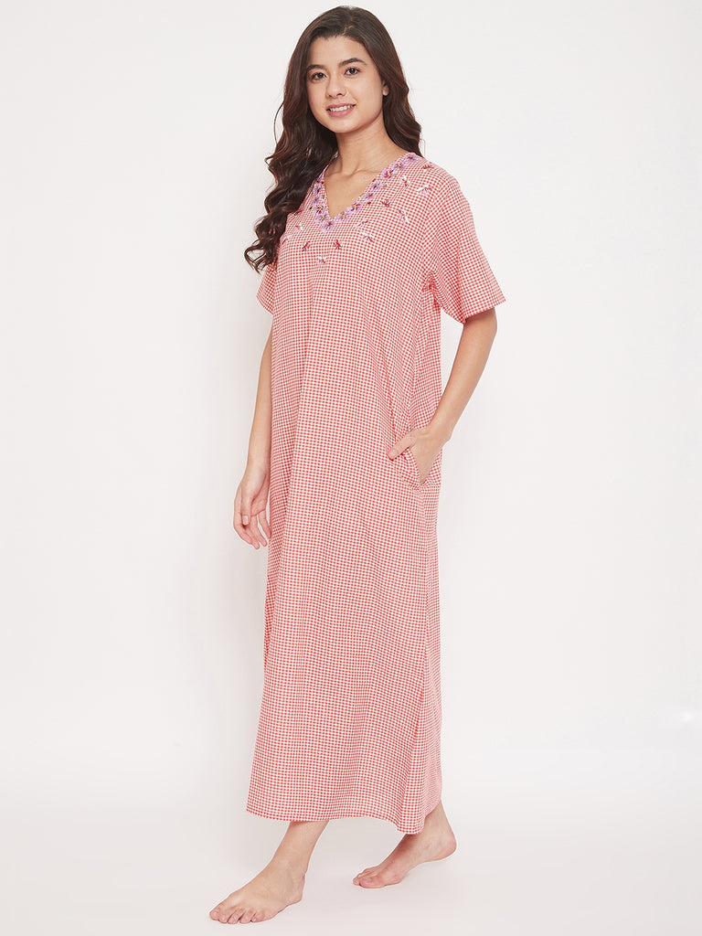 Red Checks Cotton Maxi Nightdress with Floral Embroidered V-Neckline