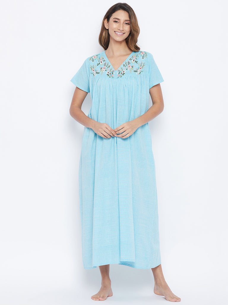 Pastel blue flora embroidered managalgiri cotton nightdress with short sleeves