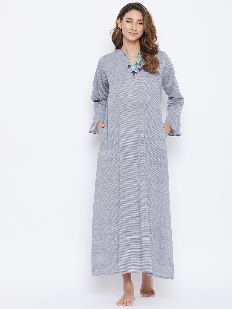 Grey mangaligiri cotton nightdress with embroidered neckline and 3/4th sleeves