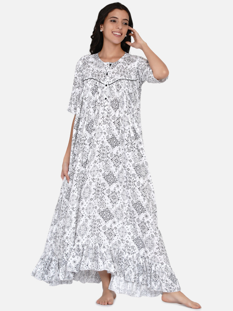 White paisley print nighty with gathered yoke and button placket
