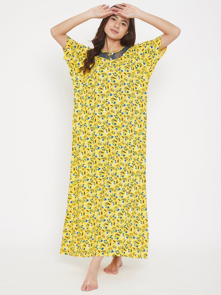 Floral Printed Cotton Modal Maxi Nightdress with Lace Yoke