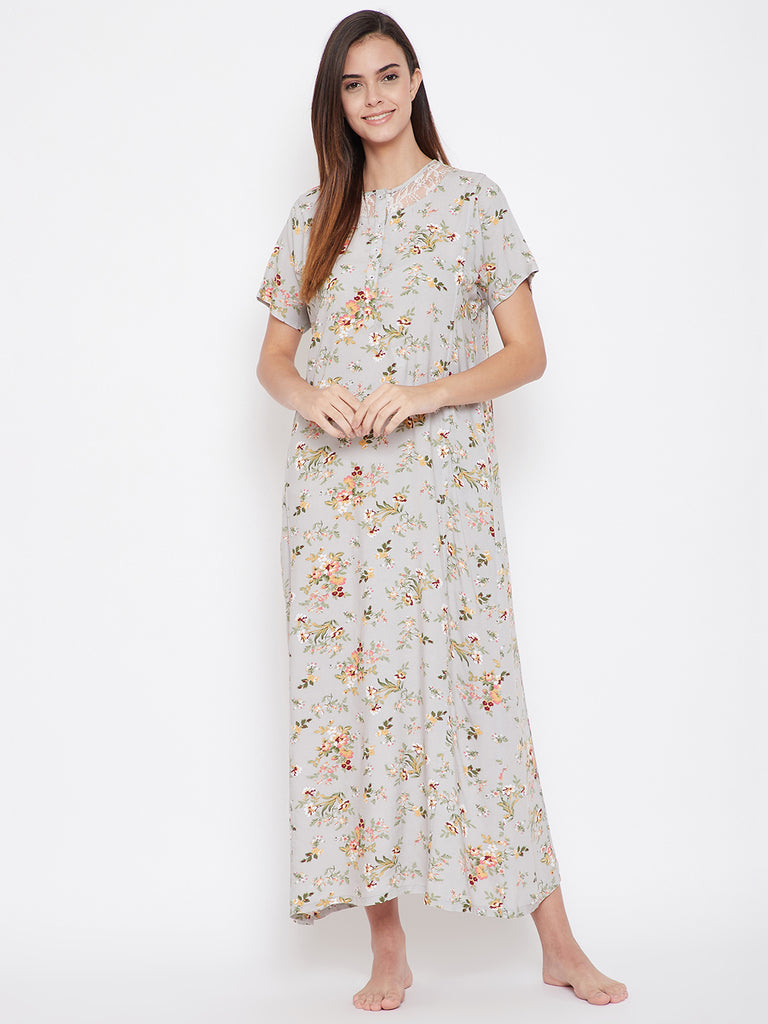 Grey Floral Print Nightdress with Lace Yoke and Button Placket