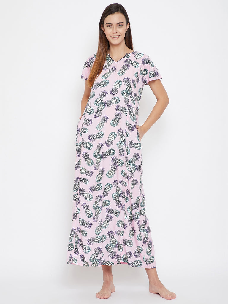 Pineapple Print Nighty with Contract Neckline Piping And Side Pockets