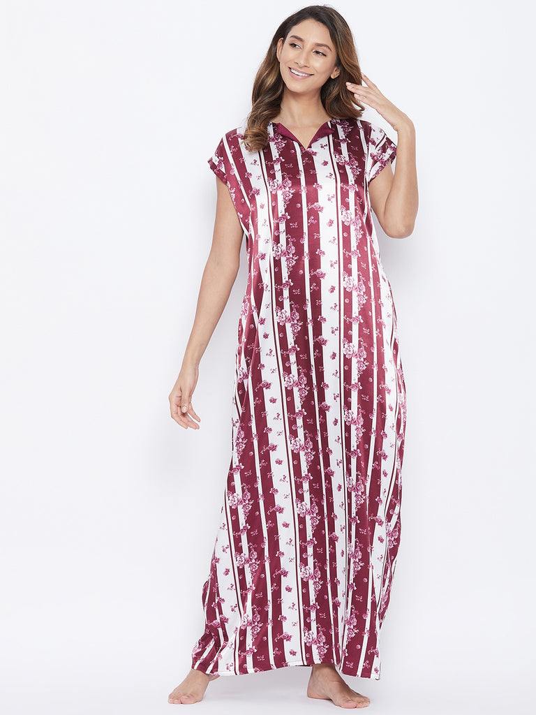 White and maroon ditsy floral and stripes satin nightdress with complimenting phasing detail
