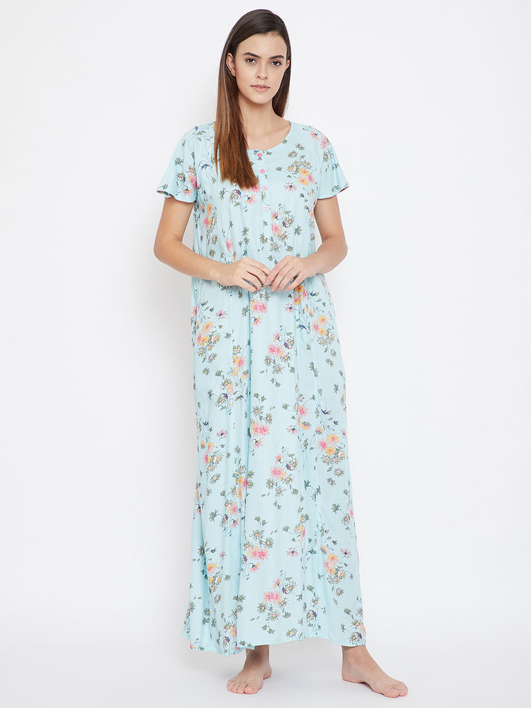 Pastel Blue Floral Print Nighty with Button Placket and Side Pockets