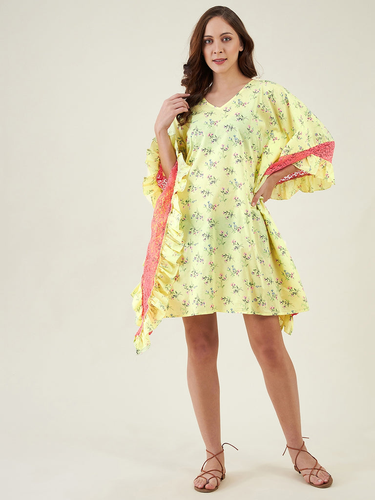 Neon Yellow Floral Patterned Kaftan