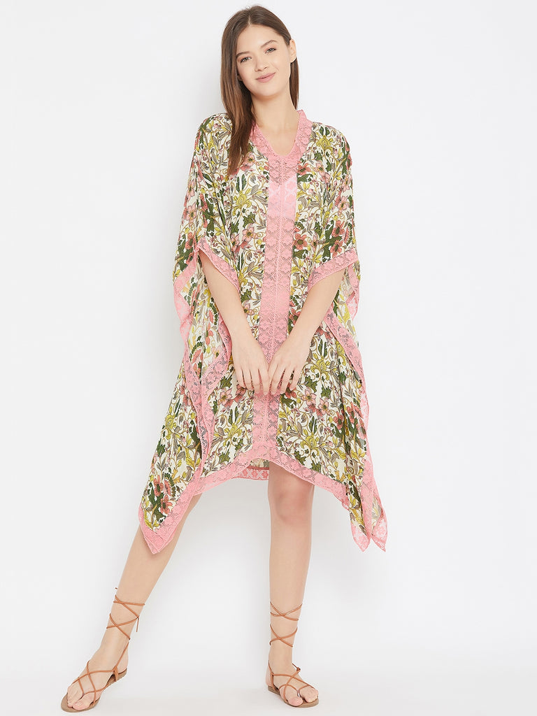 Floral Print Resortwear Kaftan With Lace Edging