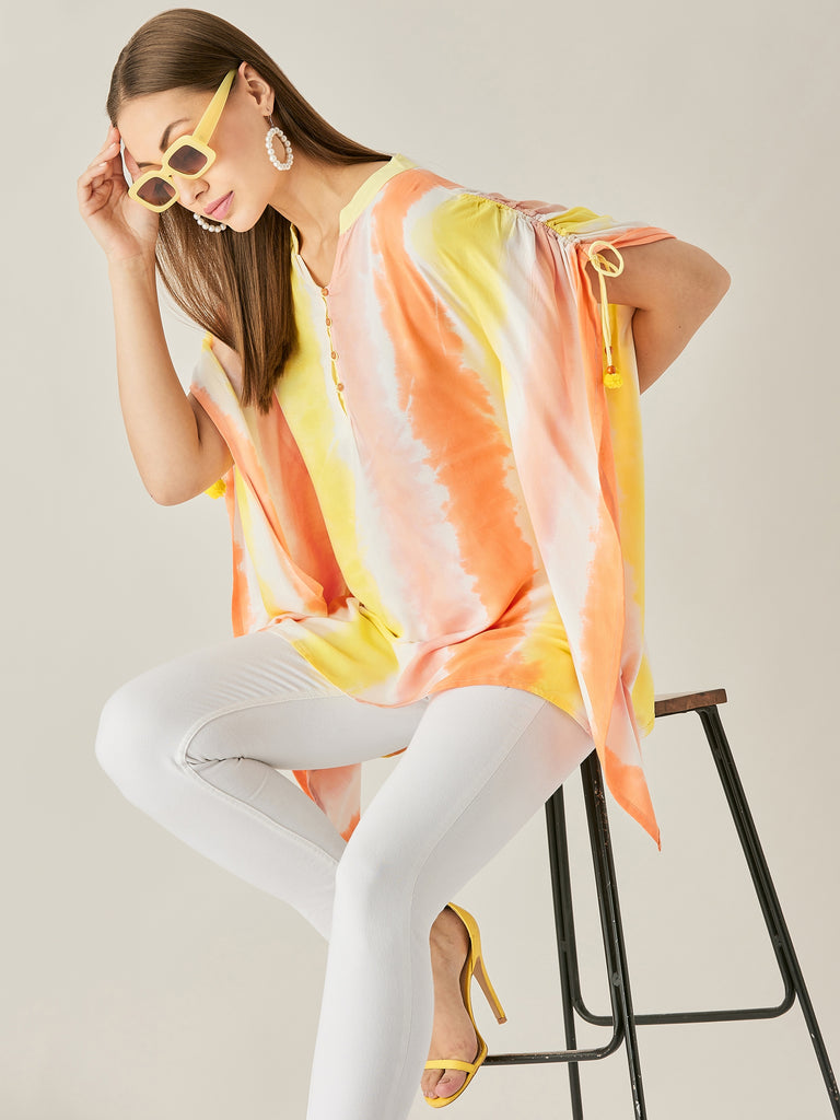 Peach yellow and orange tie dye top with shoulder gathers and tie-up detail