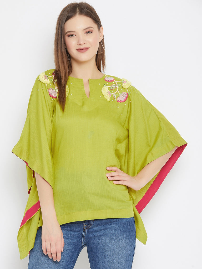 Green Kaftan Top With Floral Embroidery Detail