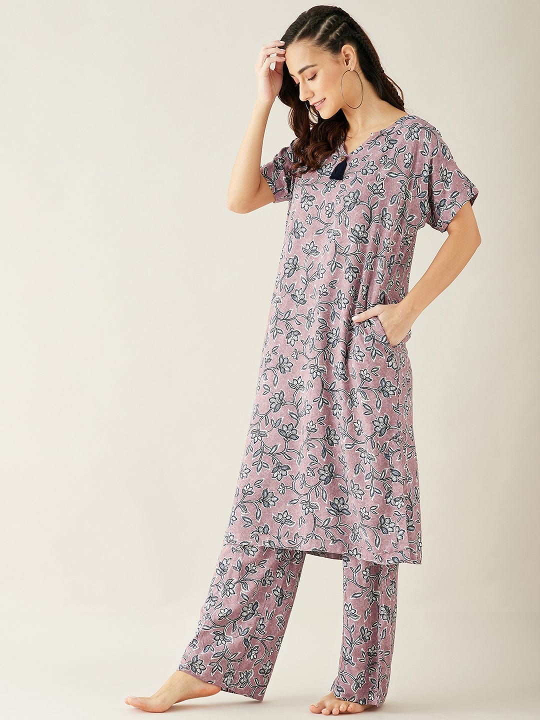 The Kaftan Company Co-ord Mauve Floral Printed Co-ord Set (Final Sale)