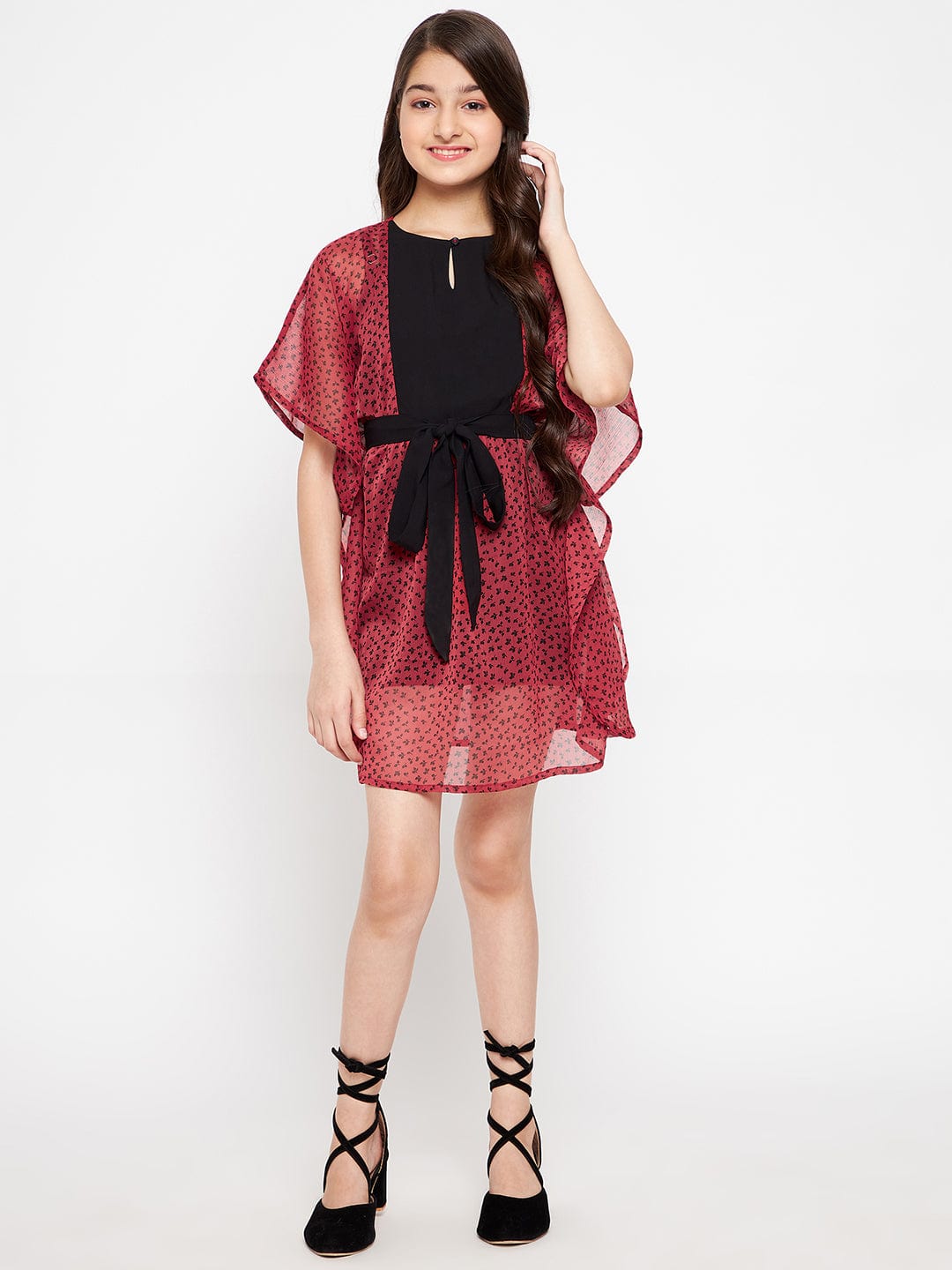 The Kaftan Company Dresses Girls Red Leaves Yoke Kaftan Dress