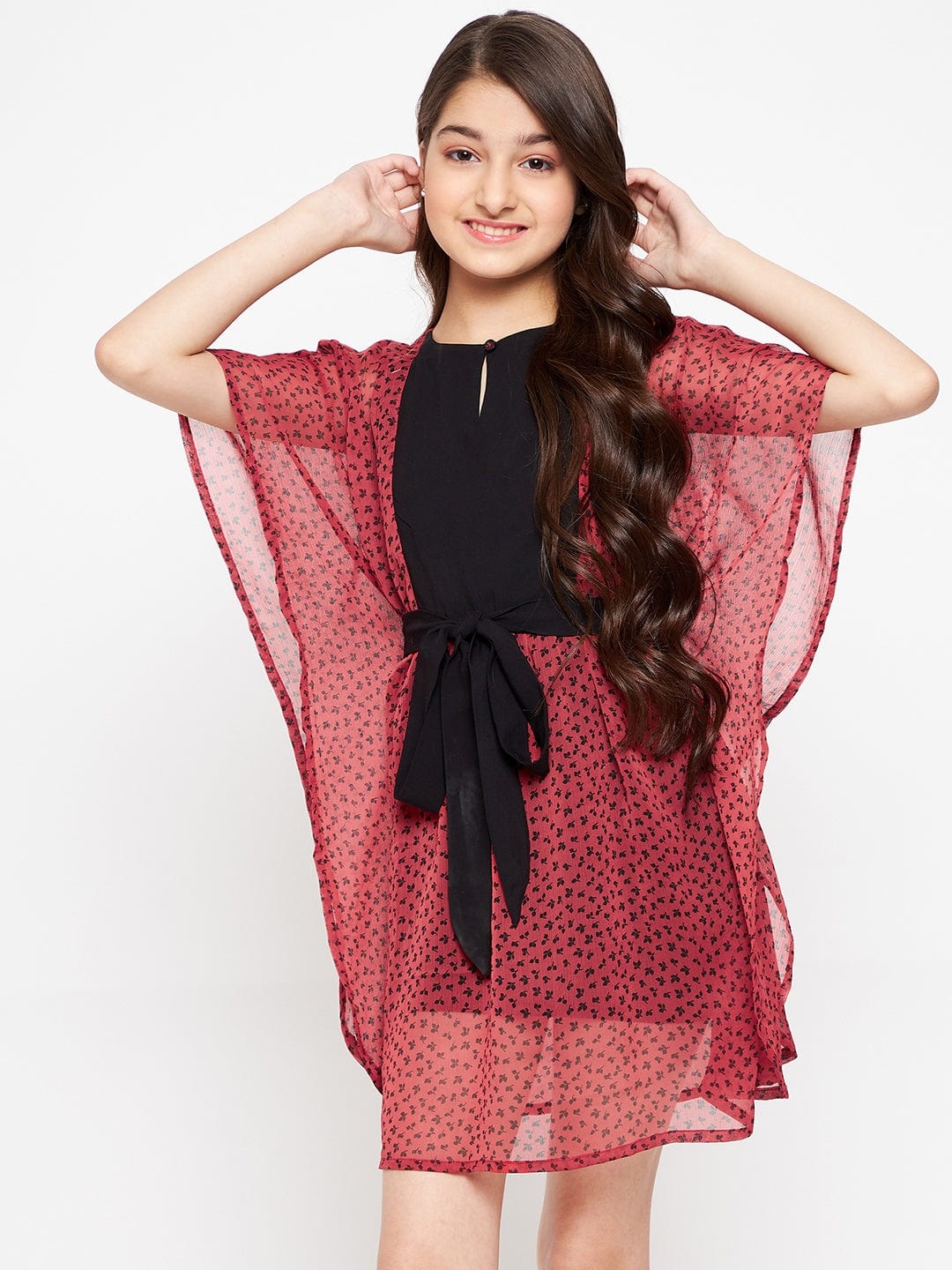 The Kaftan Company Dresses Girls Red Leaves Yoke Kaftan Dress