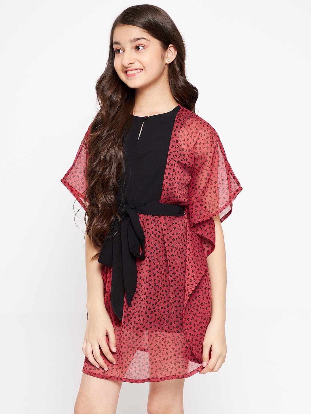The Kaftan Company Dresses Girls Red Leaves Yoke Kaftan Dress
