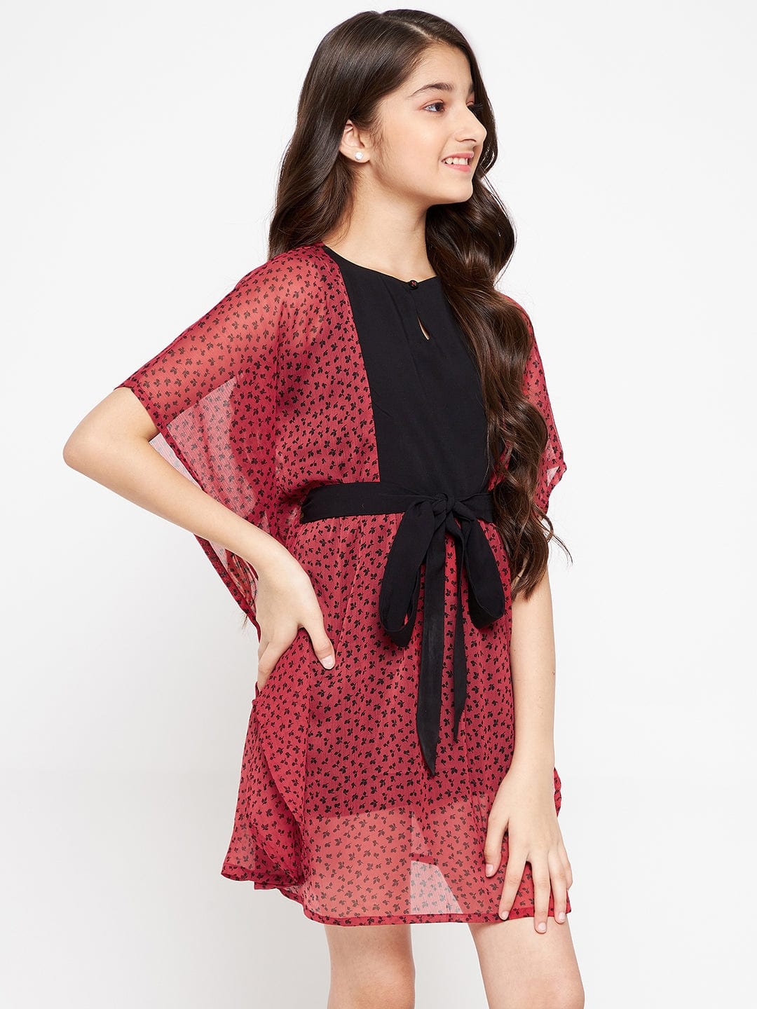 The Kaftan Company Dresses Girls Red Leaves Yoke Kaftan Dress