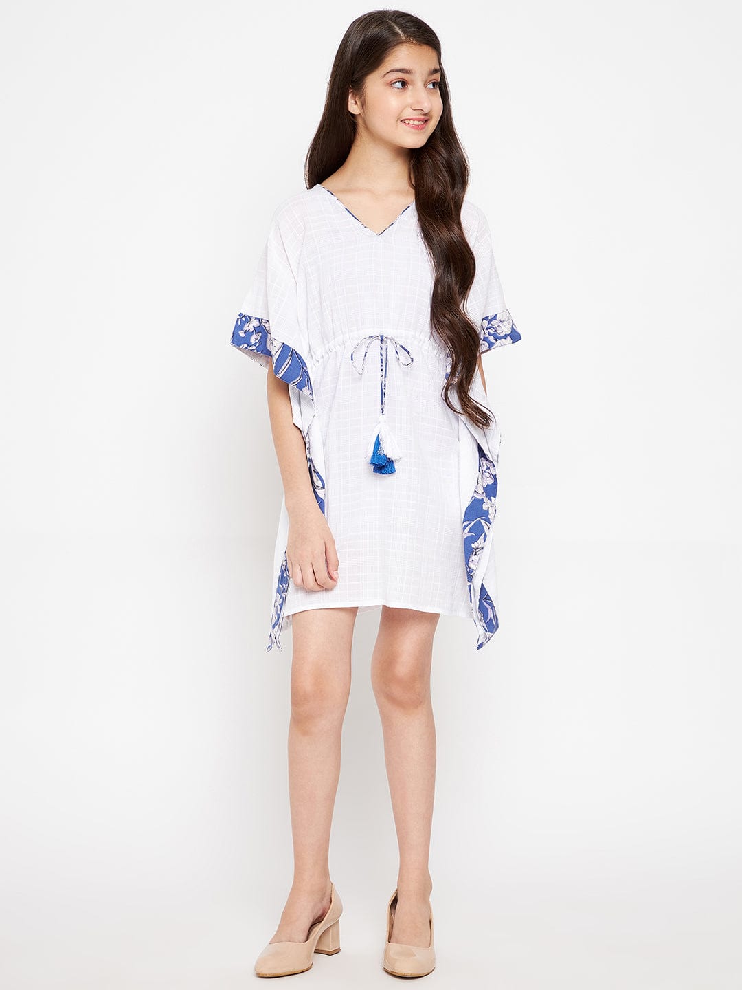 The Kaftan Company Dresses Girls White And Blue Floral Kaftan Dress