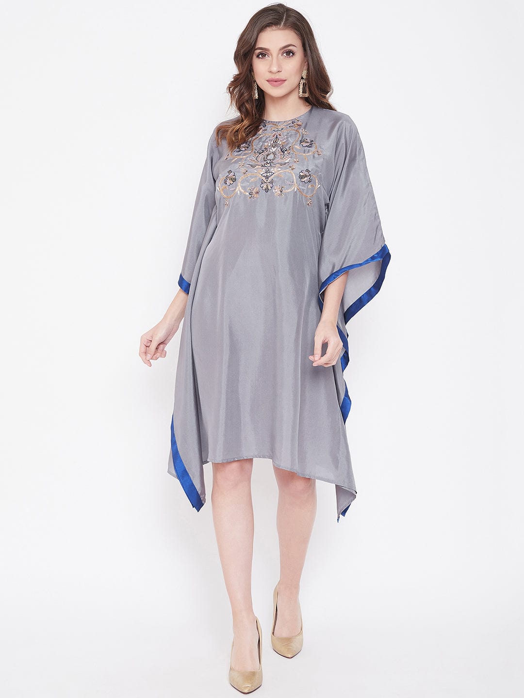 The Kaftan Company Dresses Hand Embroidered Grey Silk Kaftan Dress