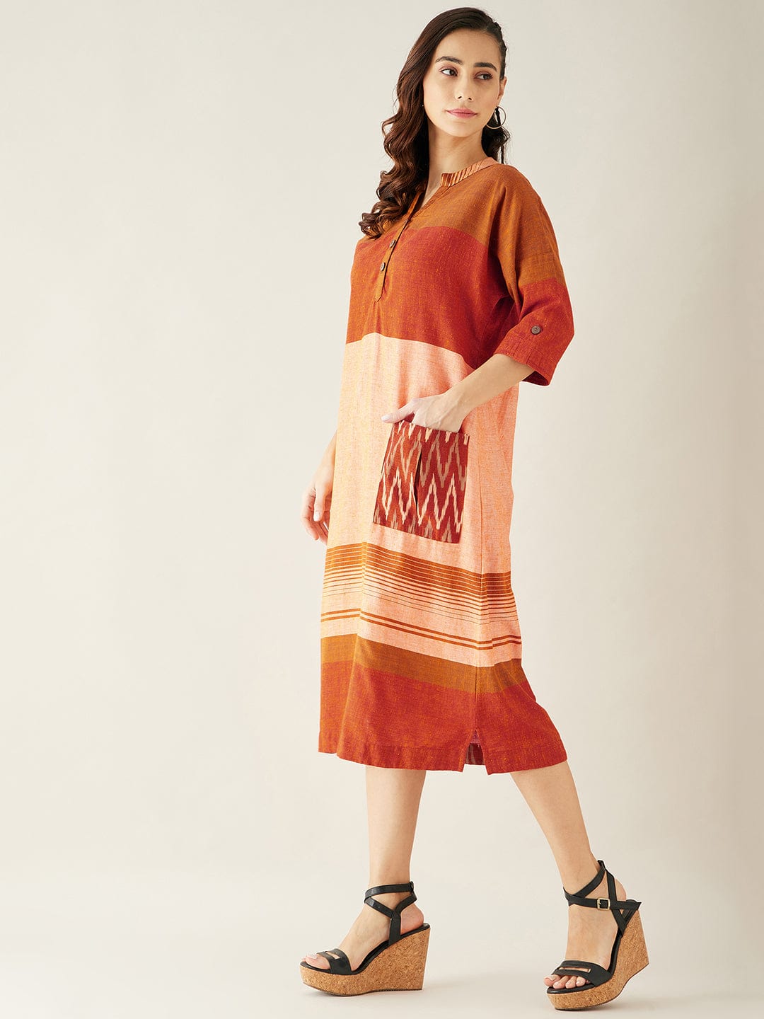The Kaftan Company Dresses Orange and Peach Straight Cut Knee Length Dress