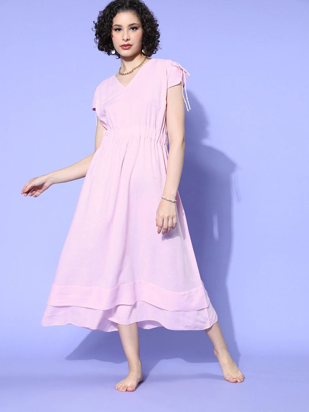 The Kaftan Company Dresses Pastel Pink Gathered Linen Lounge Dress