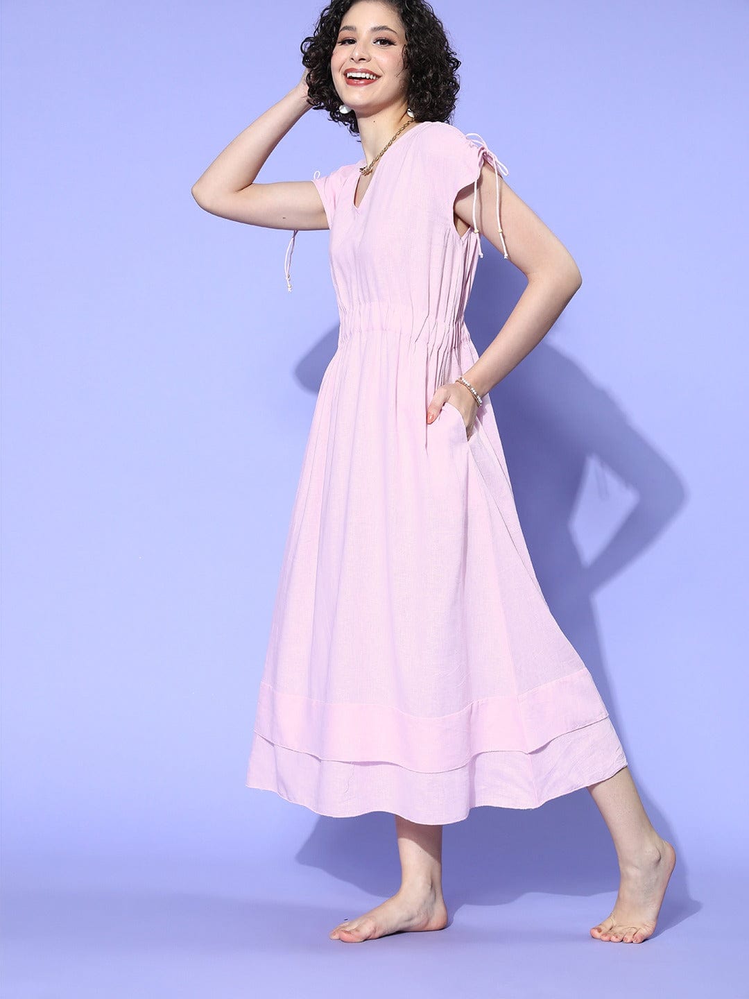 The Kaftan Company Dresses Pastel Pink Gathered Linen Lounge Dress