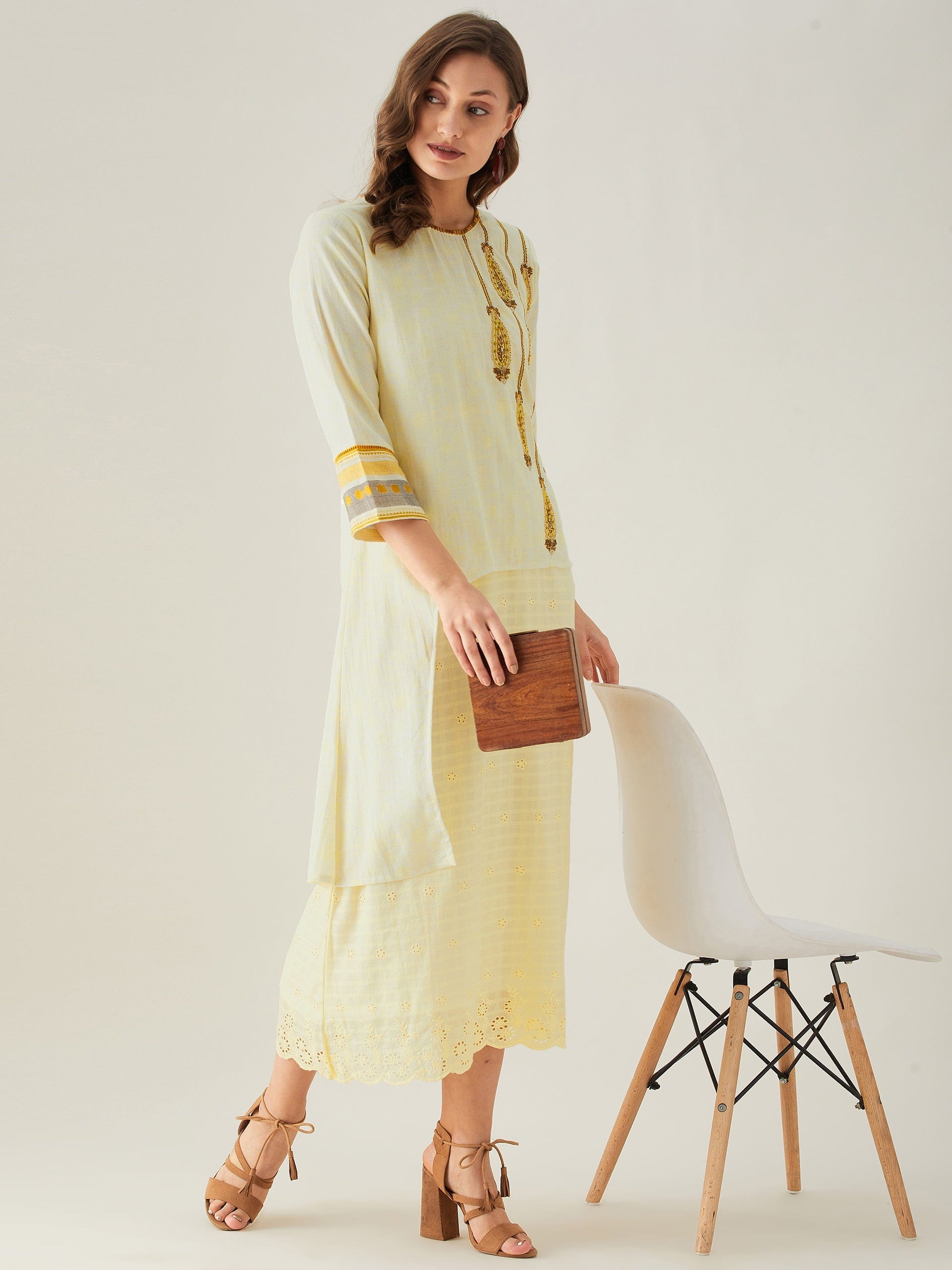The Kaftan Company Dresses Pastel Yellow Schiffli and Embroidered Yoke Dress (Final Sale)