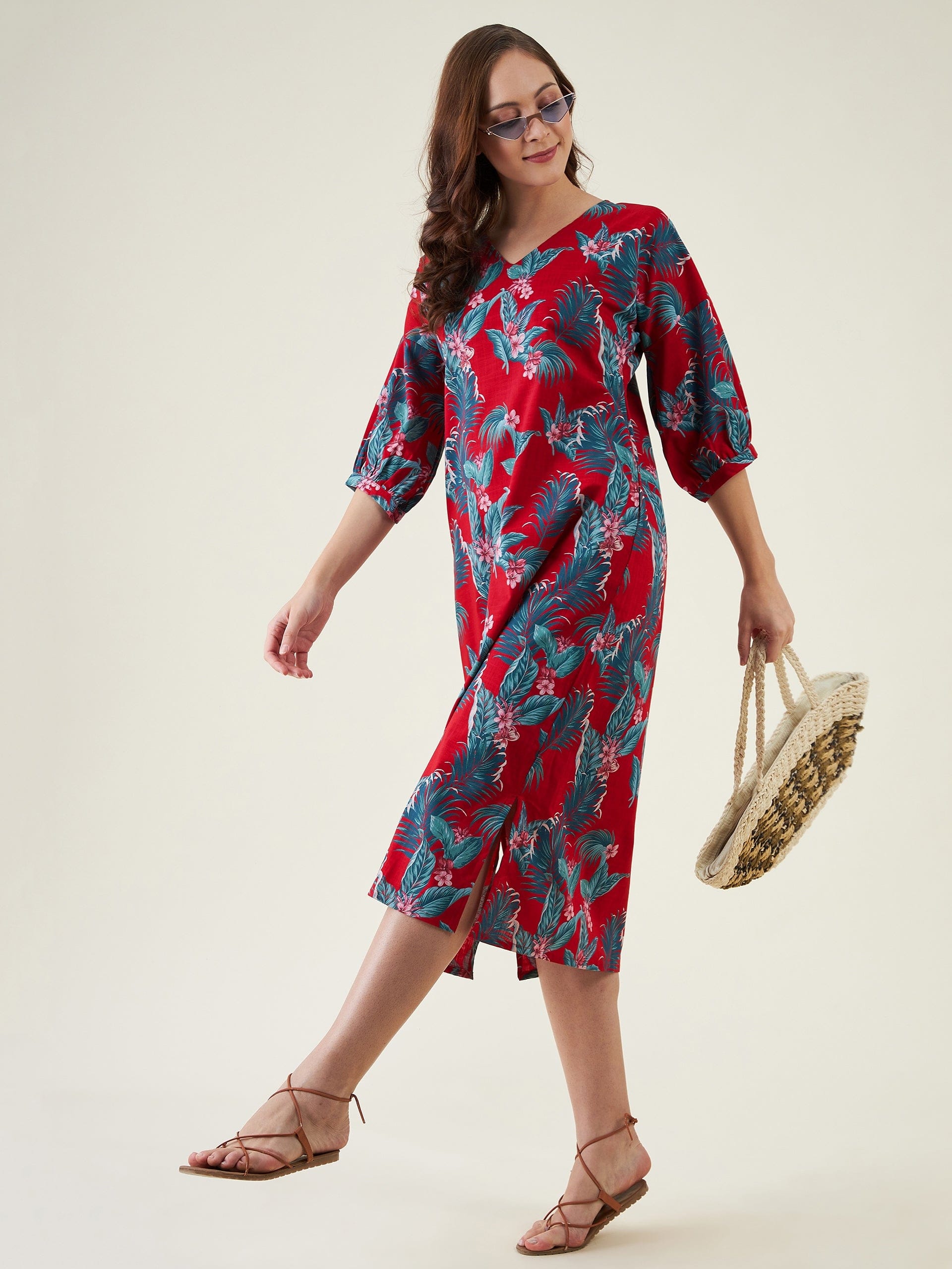 The Kaftan Company Dresses Red Tropical Paradise Casual Linen Dress