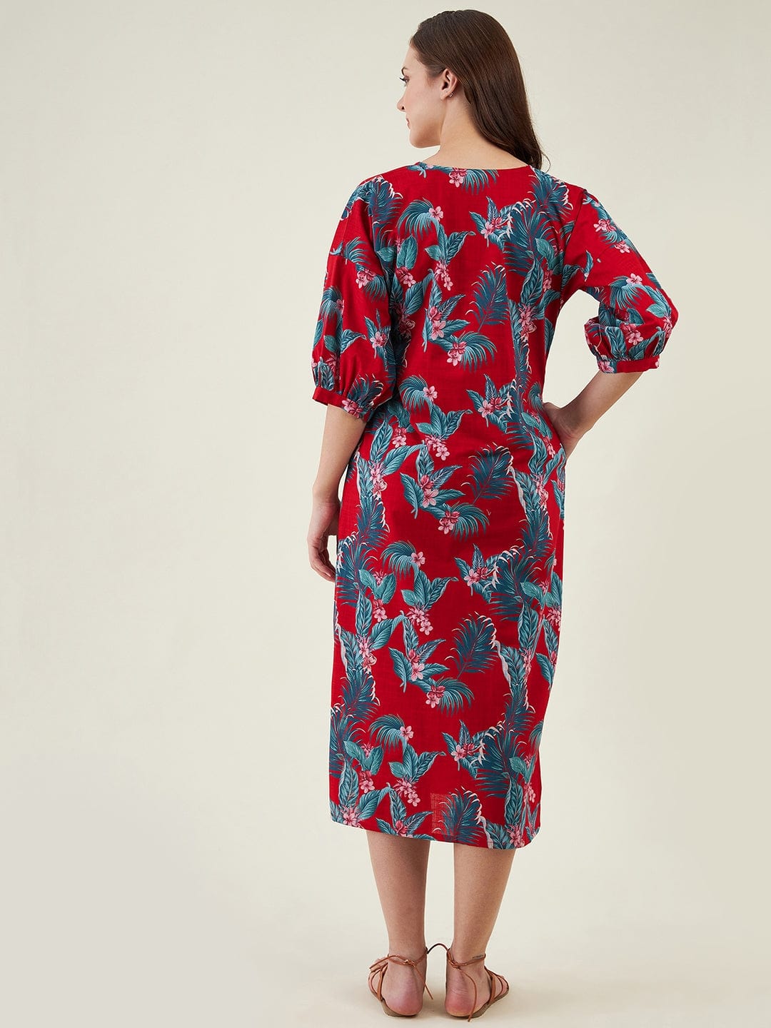 The Kaftan Company Dresses Red Tropical Paradise Casual Linen Dress