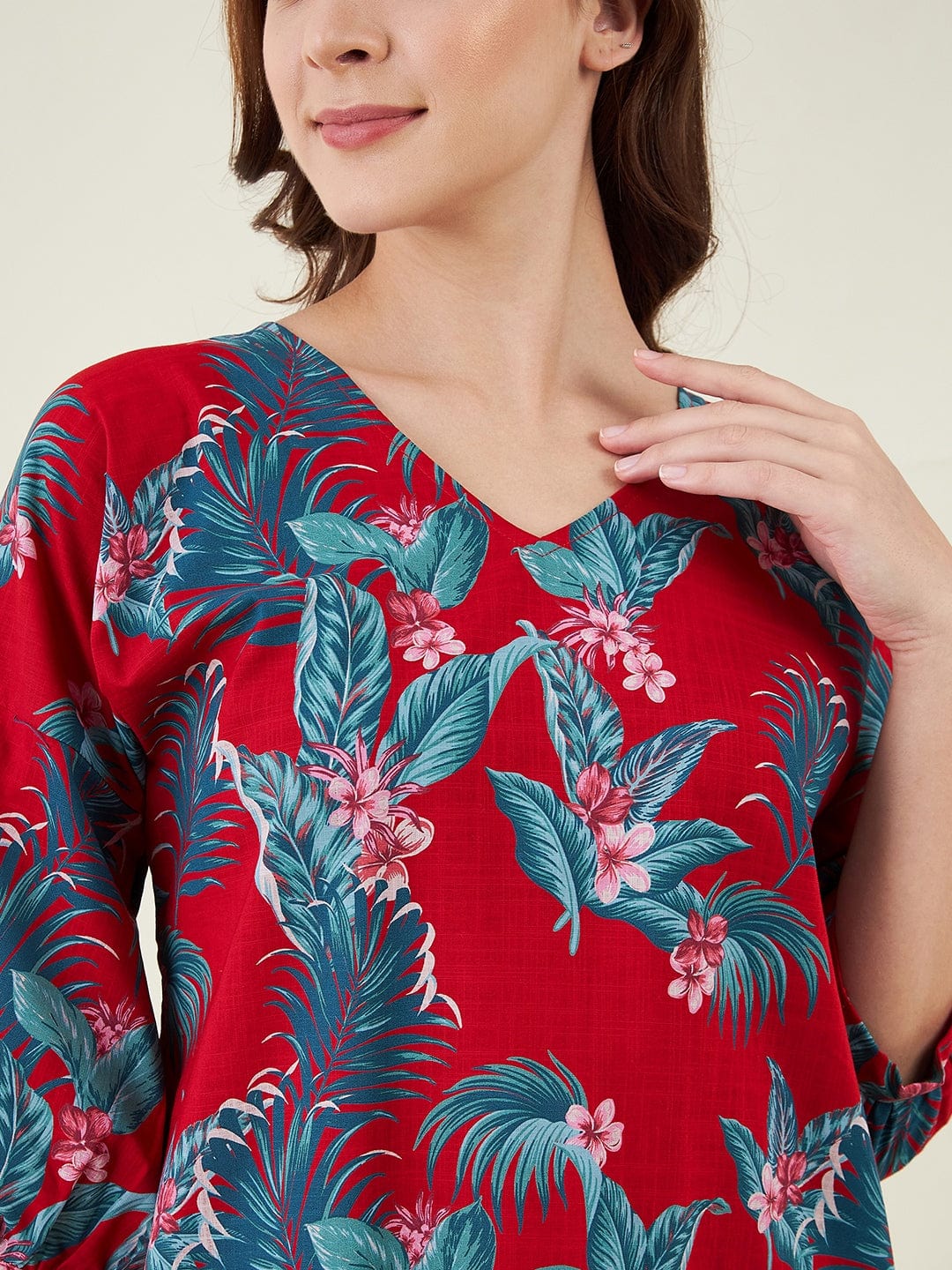 The Kaftan Company Dresses Red Tropical Paradise Casual Linen Dress