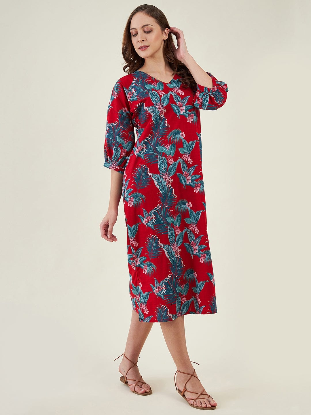 The Kaftan Company Dresses Red Tropical Paradise Casual Linen Dress