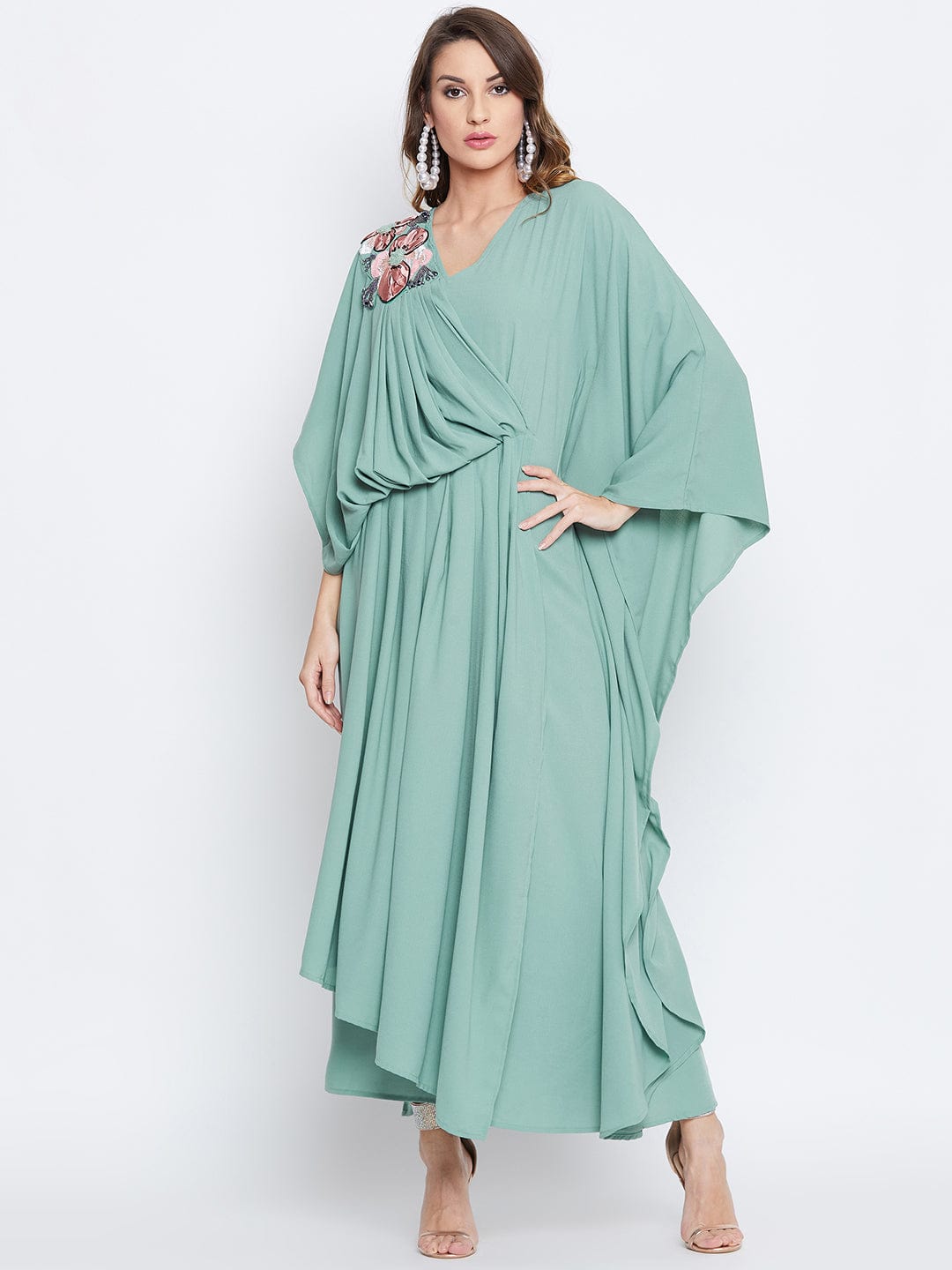 The Kaftan Company Dresses Sea Green Embellished Draped Kaftan (Final Sale)